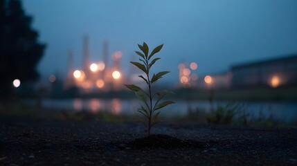 A lone plant grows in the darkness before a blurred industrial landscape with glowing lights