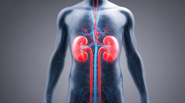 Illustration of male kidney and urethra set against a gray backdrop