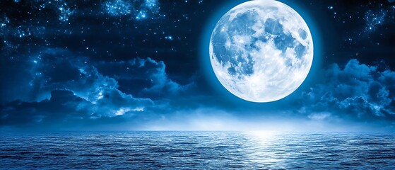 Full moon night sky over ocean water surface background high resolution image.