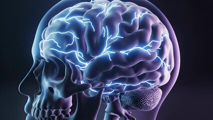 A detailed 3D rendering of a translucent human head revealing the intricate brain structure illuminated by vibrant blue electrical impulses representing complex neural activity and thought processes . - Powered by Adobe