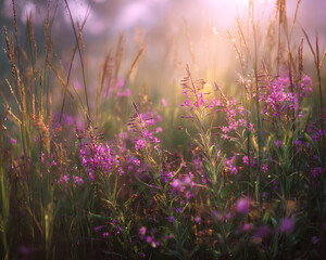 Pastel wildflowers in vibrant natural meadow with pink lavender and pale yellow petals in sharp foreground focus under bright midday sunlight  
