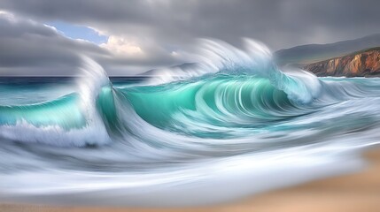 Powerful ocean wave crashing on sandy beach under dramatic sky high resolution image