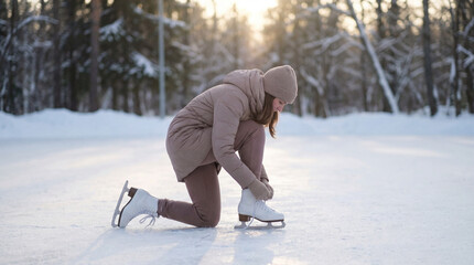 Woman lacing ice skates on frozen lake with snowy landscape in winter sunlight. Winter scene captures a woman preparing for skating on the ice. Concept of winter recreation and outdoor activities.