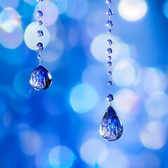 Abstract blue water droplets hanging from beaded string high resolution image