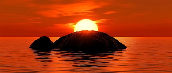 Stunning red and orange sunset behind rocks on vast ocean high resolution image