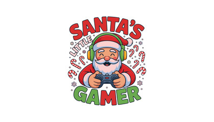 A cartoon Santa Claus wearing headphones and holding a video game controller