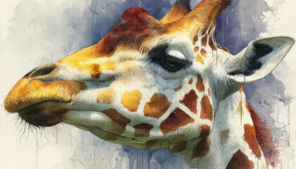 An artistic illustration of a giraffe, executed in a painterly watercolor style with expressive brushstrokes and streaks of paint.  