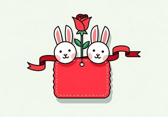 Cute Cartoon Bunnies Holding Romantic Red Rose and Blank Greeting Tag