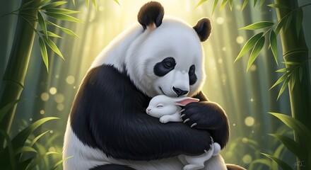 Panda and Rabbit Cuddling in a Dreamy Bamboo Forest
