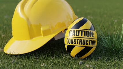 Yellow safety helmet and striped caution ball labeled "CONSTRUCTION" rest on grass, concept for safety regulations, building risks and engineering projects