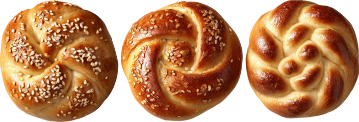 Golden sesame bread roll closeup, soft swirl bun, fresh bakery pastry texture