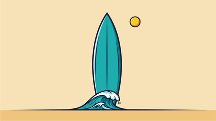 A turquoise surfboard standing upright on a wave with a sunny beach background with surfing and ocean and leisure and summer and vacation and recreation © Sheedo