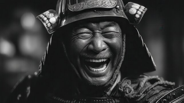 Joyful armored Japanese warrior