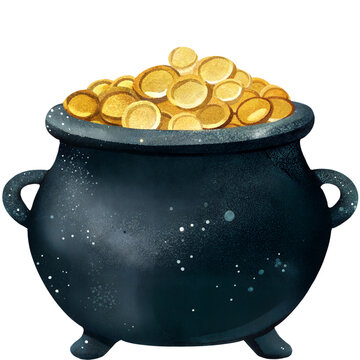 Watercolor pot of gold illustration with shiny coins in magical style