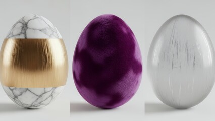Luxurious 3D eggs featuring marble/gold, velvet purple and scratched silver textures on a white studio background, concept for holiday decoration, product presentation and abstract design