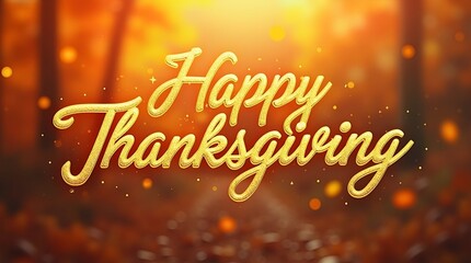 Elegant Thanksgiving celebration illustration featuring gold script Happy Thanksgiving text over a dreamy bokeh backdrop