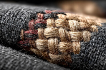 A close-up macro shot of a textile surface, revealing interwoven fibers and threads.  