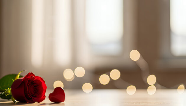 Valentine&rsquo;s Day card styled with red roses and gentle lighting conveys romance and affection, captured in a bright interior scene with calm tones and generous negative space.