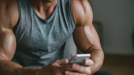 Man exercising at home with a personal trainer on his phone close up