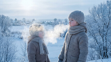 Winter scene with children in cozy hats and scarves creating warm breath clouds in snowy landscape. Winter adventure includes joy and playfulness in the frosty outdoors,