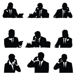 Silhouettes of business professionals engaged in various office tasks and phone conversations