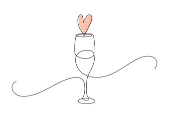 Glass of champagne, or wine with heart. Love, wedding frame border. Continuous line drawing.