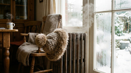 Cozy winter scene with warm hat and steaming coffee on wooden chair near window. Winter ambiance includes fluffy hat draped on cozy chair beside radiator, creating inviting atmosphere.