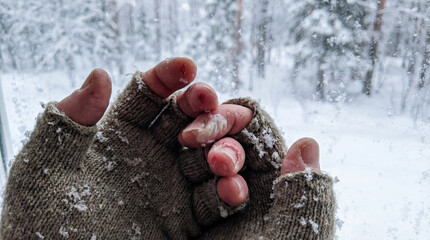 Hands holding snow outside window in winter landscape with frosty trees. Cozy winter scene showcasing gloved fingers gently cradling snowflakes, capturing the essence of chilly winter adventures.