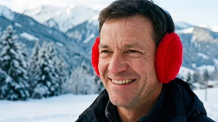 Smiling man wearing red earmuffs in winter landscape with snowy mountains and pine trees in background. Winter scene captures joyful moments in freezing temperatures and snow.