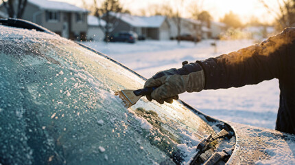 Person scraping ice from windshield in winter setting with sun rising in background. Winter scene features frosty car and snow-covered ground.