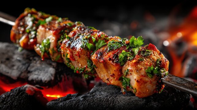 Meat skewers are placed on a grill and cooked over hot coals. The pieces have a coating of herbs and spices as the smoke rises. Friends are gathered to enjoy food. - Powered by Adobe