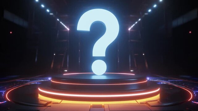 Giant illuminated question mark glowing on a futuristic stage with neon lights and dramatic lighting