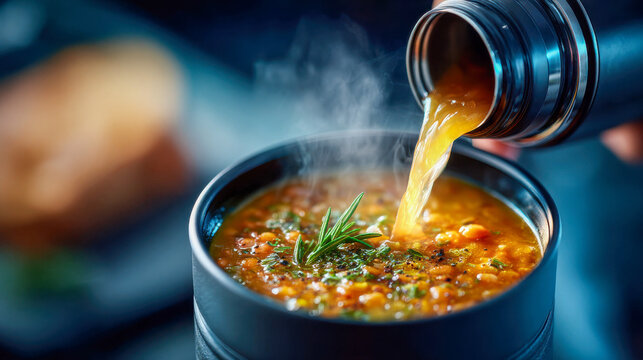 Warm and aromatic soup pouring from a thermos into a cozy bowl on a chilly autumn day