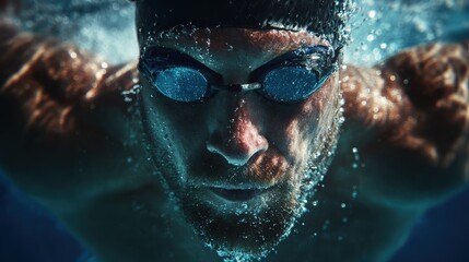 Solo deep sea swimmer against a blue backdrop