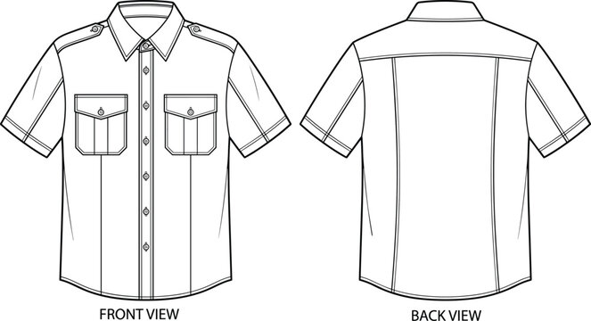 Short-sleeve button-up shirt technical sketch, front and back view, fashion template, garment construction drawing, epaulet detail - flat vector illustration