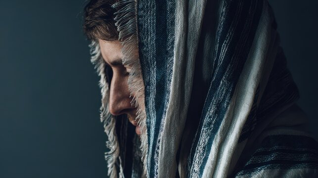 Side view of an Orthodox Jewish man in a prayer shawl