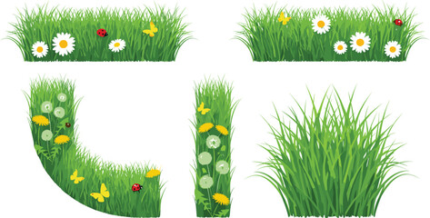 Collection of green grass borders with daisies, dandelions, butterflies, and ladybugs in various decorative shapes and arrangements © MdRazaul