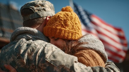 Veteran and partner embracing by American flag during reunion