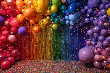 Vibrant Rainbow Balloon Arch With Colorful Confetti and Shimmering Backdrop For Celebrations, Parties, And Joyful Moments