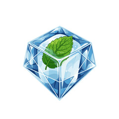 A stylized, faceted blue ice cube with a fresh green mint leaf frozen perfectly inside, isolated on a white background. © Syaiin