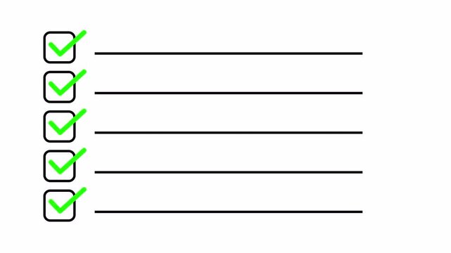 Task Completion Checklist Animation. Green Checkmarks Appearing on To-Do List Boxes, Showing Productivity, Success, Workflow, and Goal Progress 4k video animation seamless loop