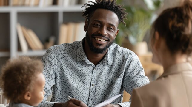 Image of a compassionate black male social worker conversing with a mother and her child in an office