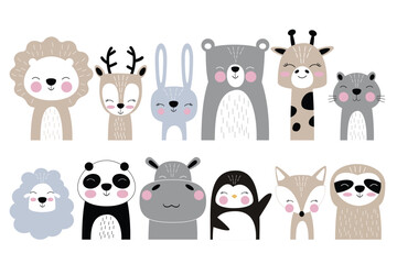Obraz premium Adorable cartoon animals—lion, deer, rabbit, bear, giraffe, raccoon, sheep, panda, hippo, penguin, fox, sloth—drawn in soft pastel tones with pink cheeks and friendly expressions. Ideal for kids.