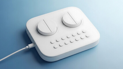 White electronic device with two large knobs and a grid of buttons on a blue background