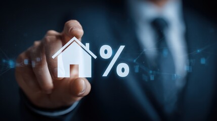 Real estate investment idea Evaluating mortgage loans home insurance and property rates Individual with house symbol on digital display