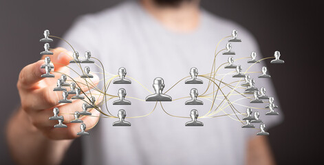 Abstract network of people linked by lines, with a hand interacting. Concept of connection,...