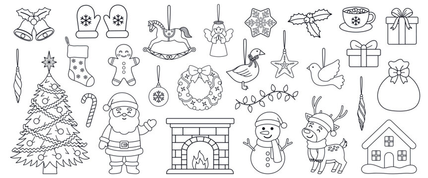 Christmas line art illustration set with festive elements: Santa, tree, wreath, ornaments, gifts, winter characters. Clean black outline style for coloring pages, prints, holiday design. Hand drawn.