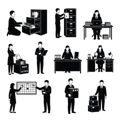 Office workers engaged in various tasks at their workstations and around the office environment