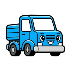 Fototapeta premium Cartoon blue truck with smiling face.