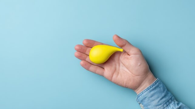 Person with a decorative gallbladder model against a soft blue backdrop Concept of gallbladder issues such as cholecystitis or biliary dyskinesia Aerial perspective room for text
